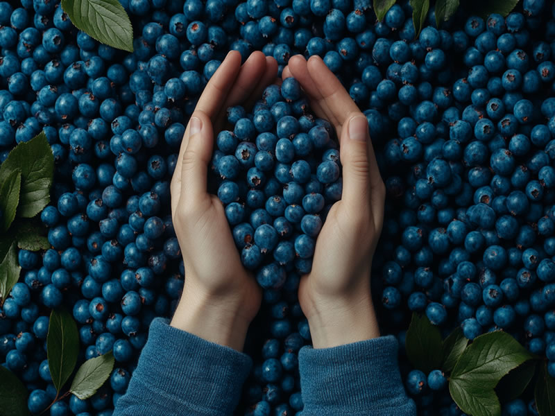 Close de mirtilos frescos com pruína natural — ação antioxidante da fruta